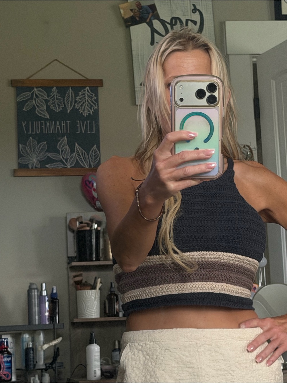 Mustard Seed Black Striped Cropped Halter Knit Top